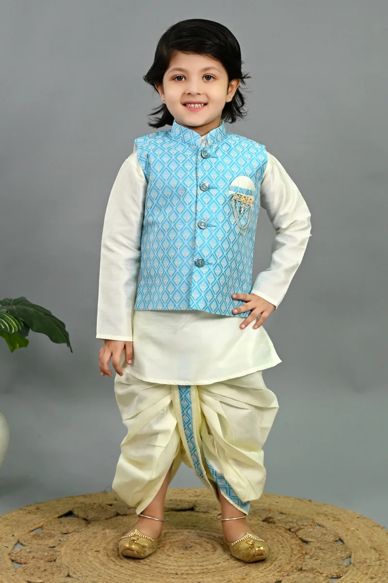 BT DEZINES Sky Blue Cotton Silk Kurta Dhoti Set for Boys